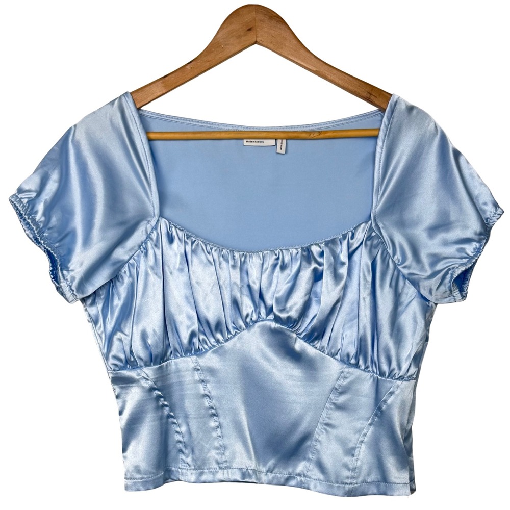 Asos Blouse Top Womens Crop Top Satin Ruching Size‎ 12 Light Blue Coquette Y2K